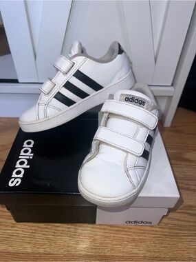 Adidas Kids White Sneakers with Black Stripes